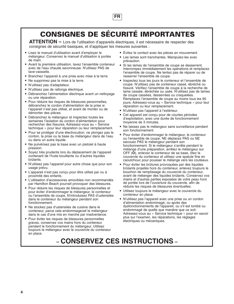 Conservez ces instructions, Consignes de sécurité importantes, Attention | Hamilton Beach 908 Series User Manual | Page 4 / 40