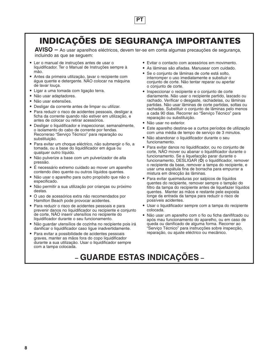 Guarde estas indicações, Indicações de segurança importantes, Aviso | Hamilton Beach 908 Series User Manual | Page 8 / 40