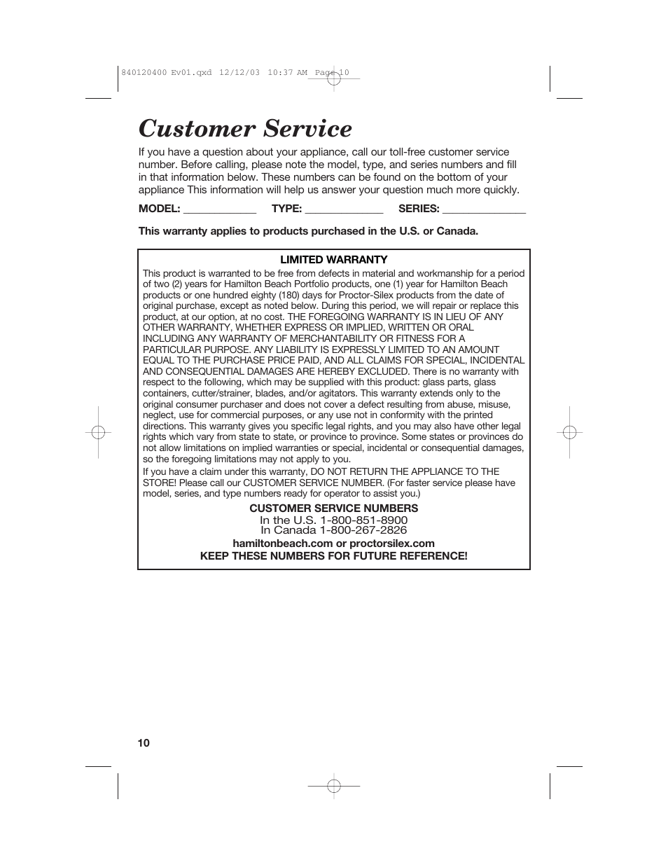 Customer service | Hamilton Beach 26291 User Manual | Page 10 / 28