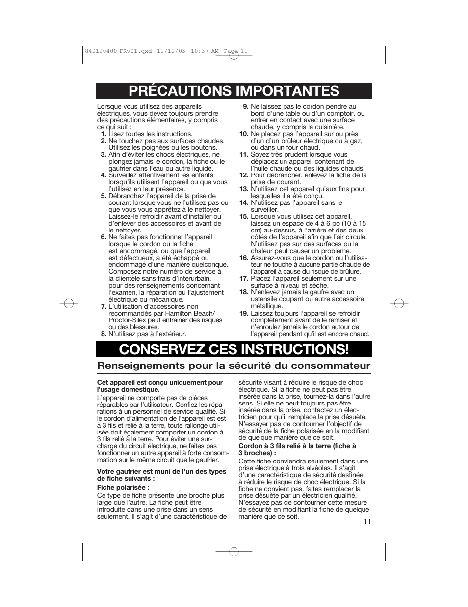 Précautions importantes conservez ces instructions | Hamilton Beach 26291 User Manual | Page 11 / 28