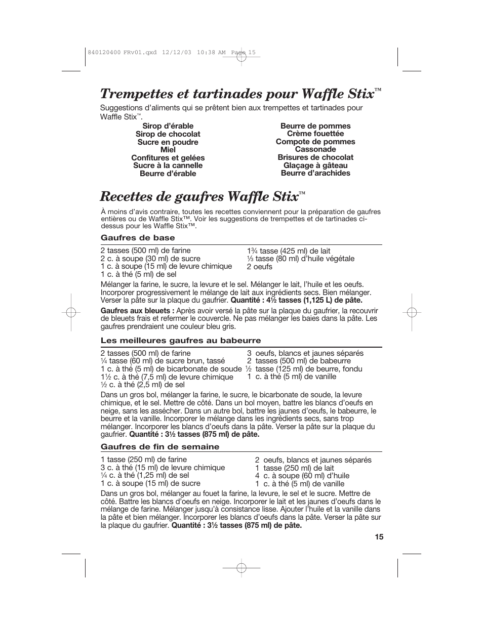 Recettes de gaufres waffle stix, Trempettes et tartinades pour waffle stix | Hamilton Beach 26291 User Manual | Page 15 / 28