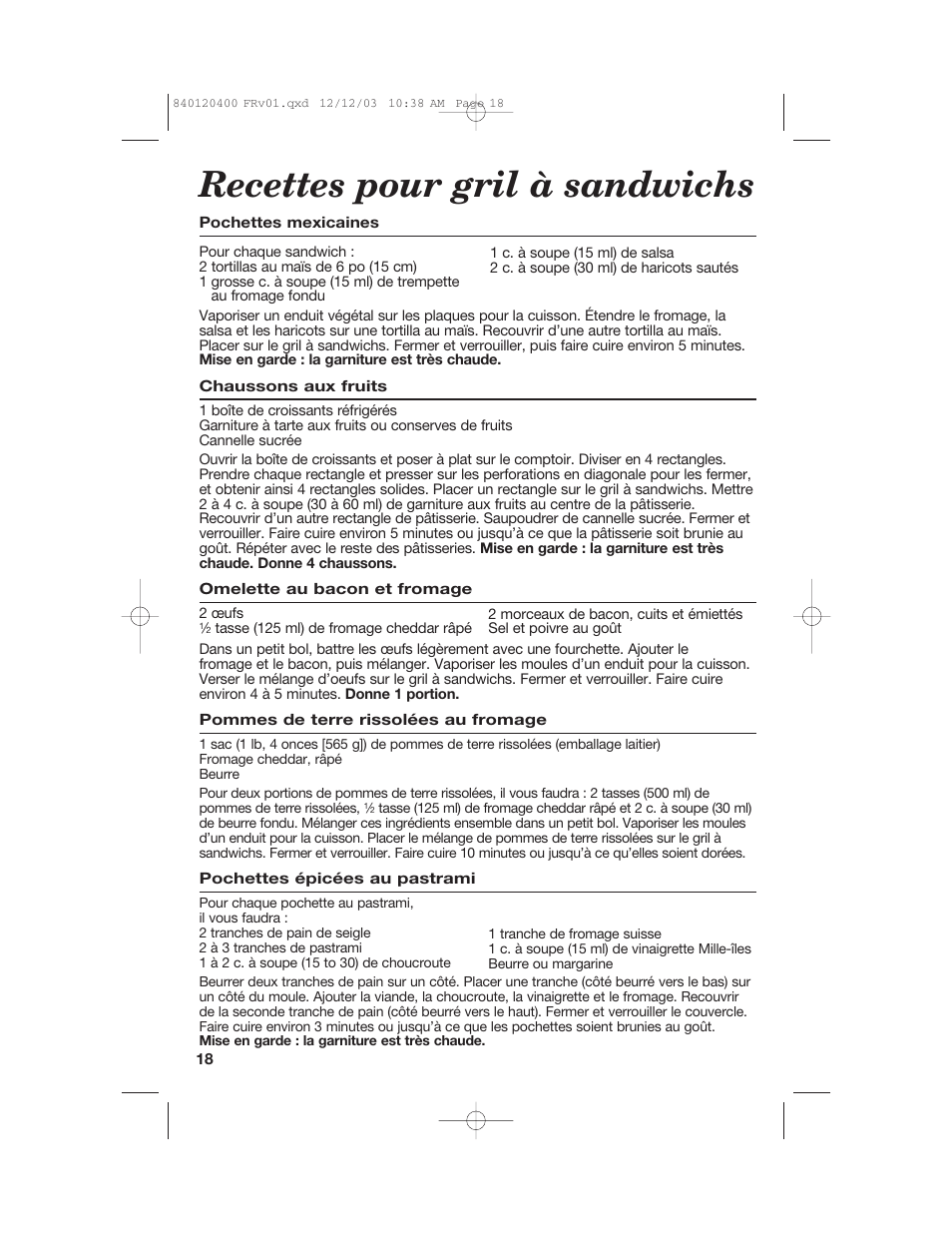 Recettes pour gril à sandwichs | Hamilton Beach 26291 User Manual | Page 18 / 28