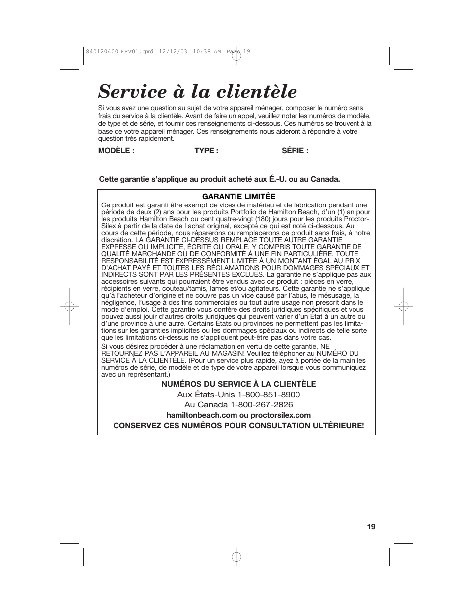 Service à la clientèle | Hamilton Beach 26291 User Manual | Page 19 / 28