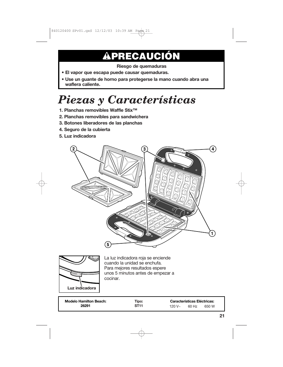 Piezas y características, Wprecaución | Hamilton Beach 26291 User Manual | Page 21 / 28