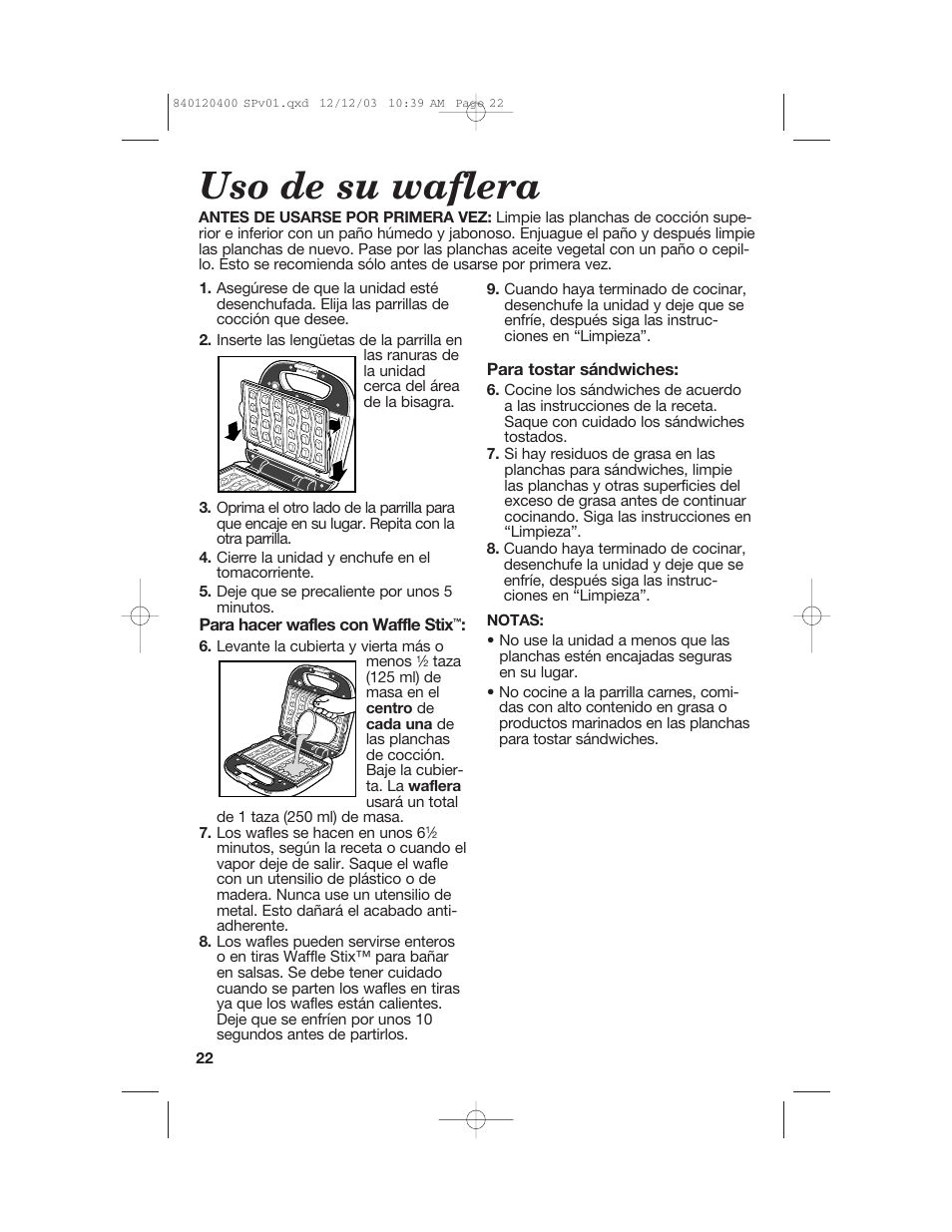 Uso de su waflera | Hamilton Beach 26291 User Manual | Page 22 / 28