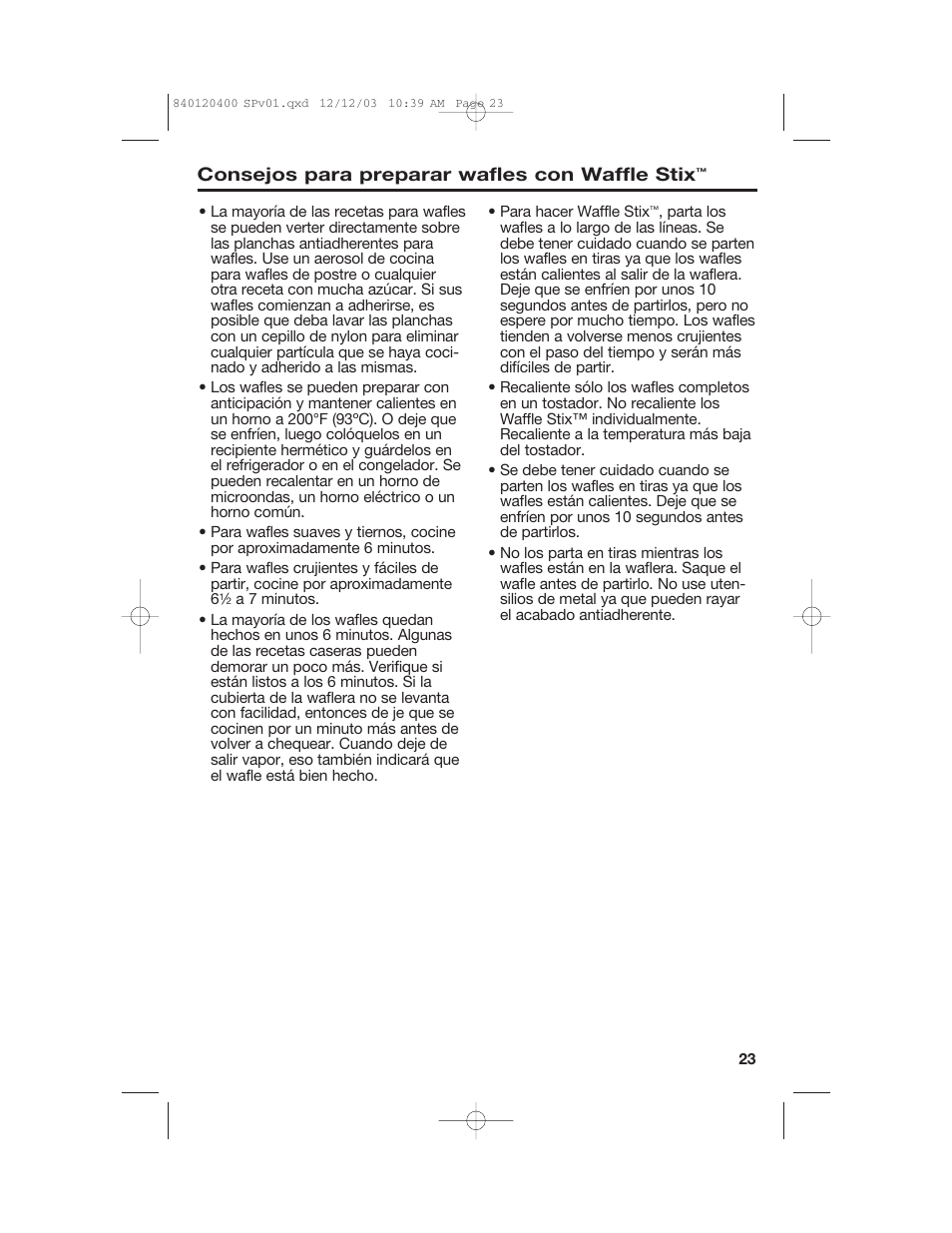 Consejos para preparar wafles con waffle stix | Hamilton Beach 26291 User Manual | Page 23 / 28