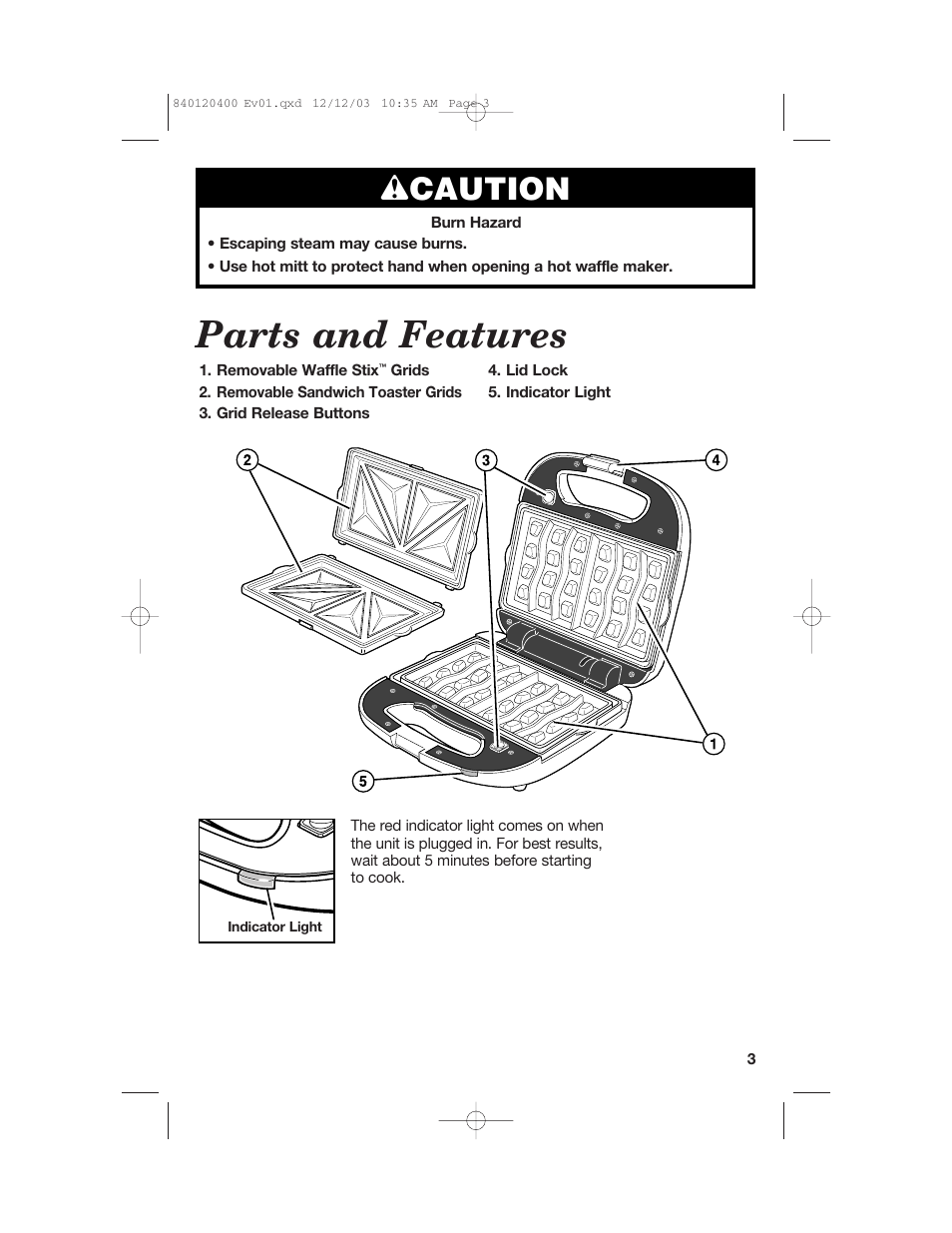 Parts and features, Wcaution | Hamilton Beach 26291 User Manual | Page 3 / 28