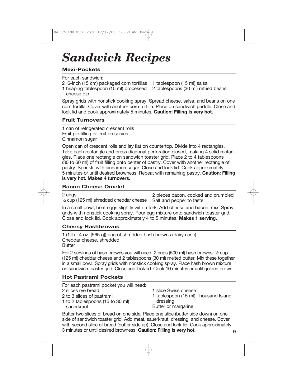 Sandwich recipes | Hamilton Beach 26291 User Manual | Page 9 / 28