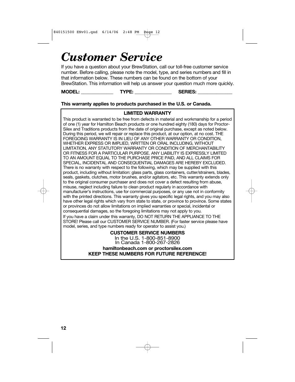 Customer service | Hamilton Beach BrewStation Deluxe 840151500 User Manual | Page 12 / 40