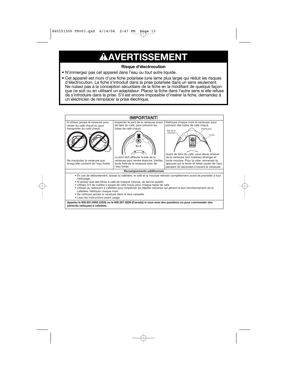 W avertissement, Important | Hamilton Beach BrewStation Deluxe 840151500 User Manual | Page 13 / 40