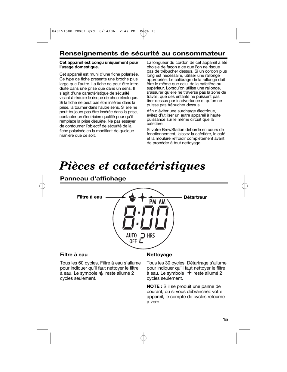 Pièces et catactéristiques, Renseignements de sécurité au consommateur | Hamilton Beach BrewStation Deluxe 840151500 User Manual | Page 15 / 40