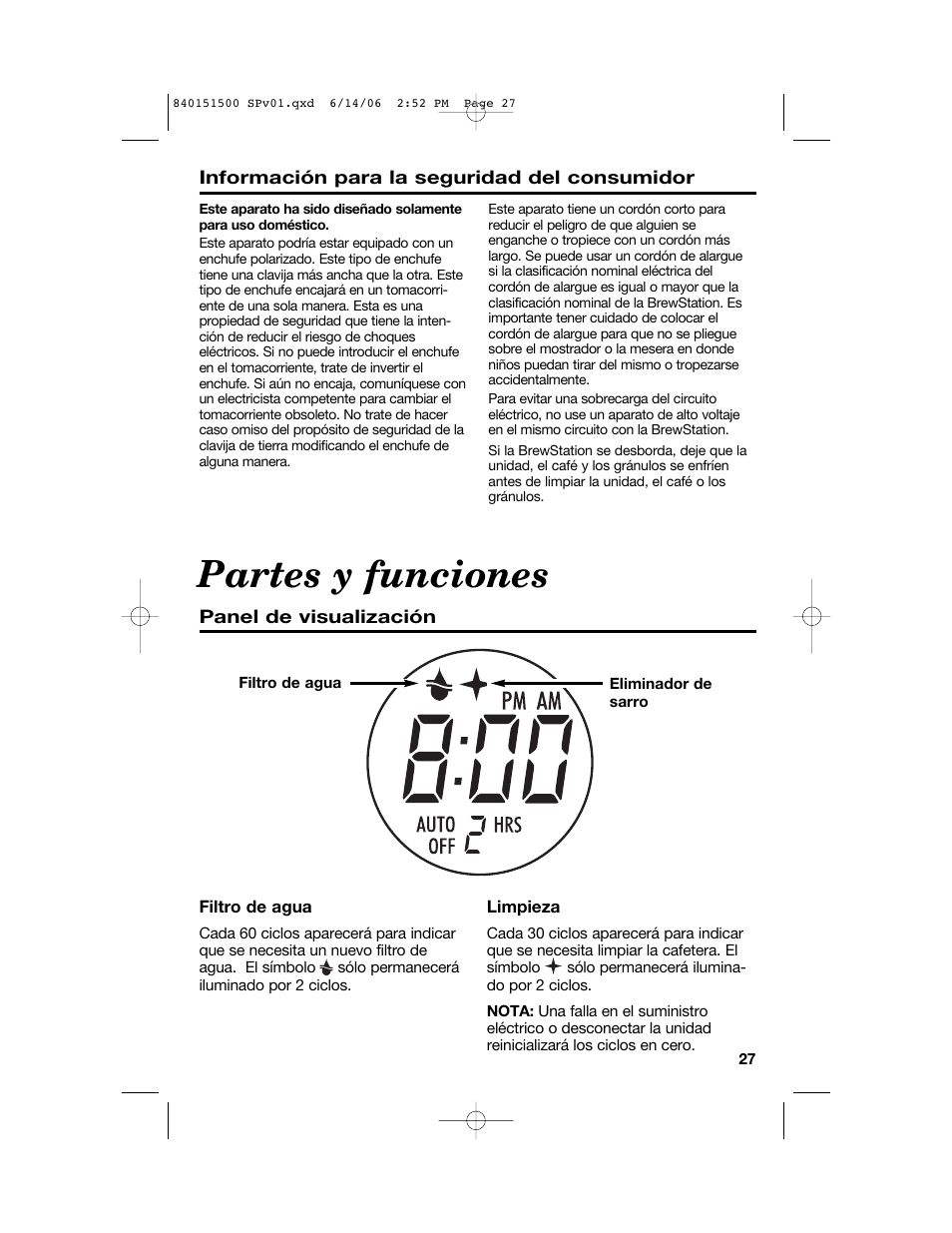 Partes y funciones | Hamilton Beach BrewStation Deluxe 840151500 User Manual | Page 27 / 40