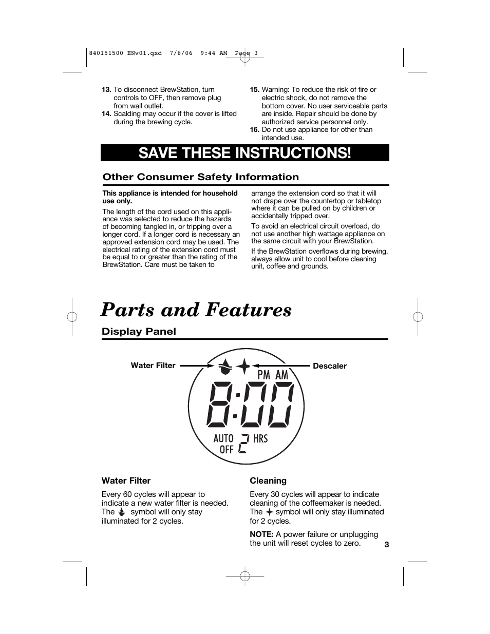 Parts and features, Save these instructions | Hamilton Beach BrewStation Deluxe 840151500 User Manual | Page 3 / 40