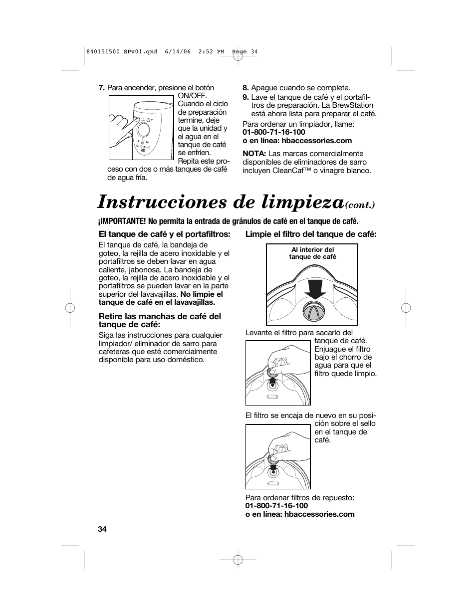 Instrucciones de limpieza | Hamilton Beach BrewStation Deluxe 840151500 User Manual | Page 34 / 40