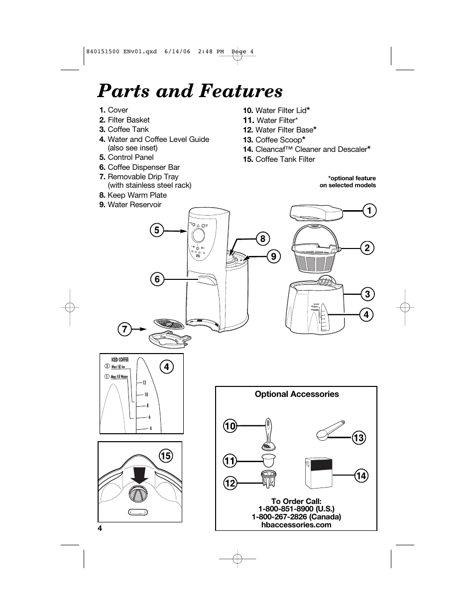 Parts and features, Optional accessories | Hamilton Beach BrewStation Deluxe 840151500 User Manual | Page 4 / 40