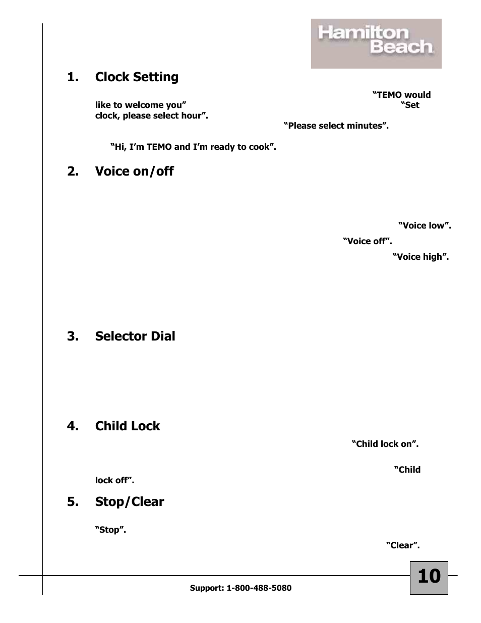 Clock setting, Voice on/off, Selector dial | Child lock, Stop/clear | Hamilton Beach 87108 User Manual | Page 10 / 19