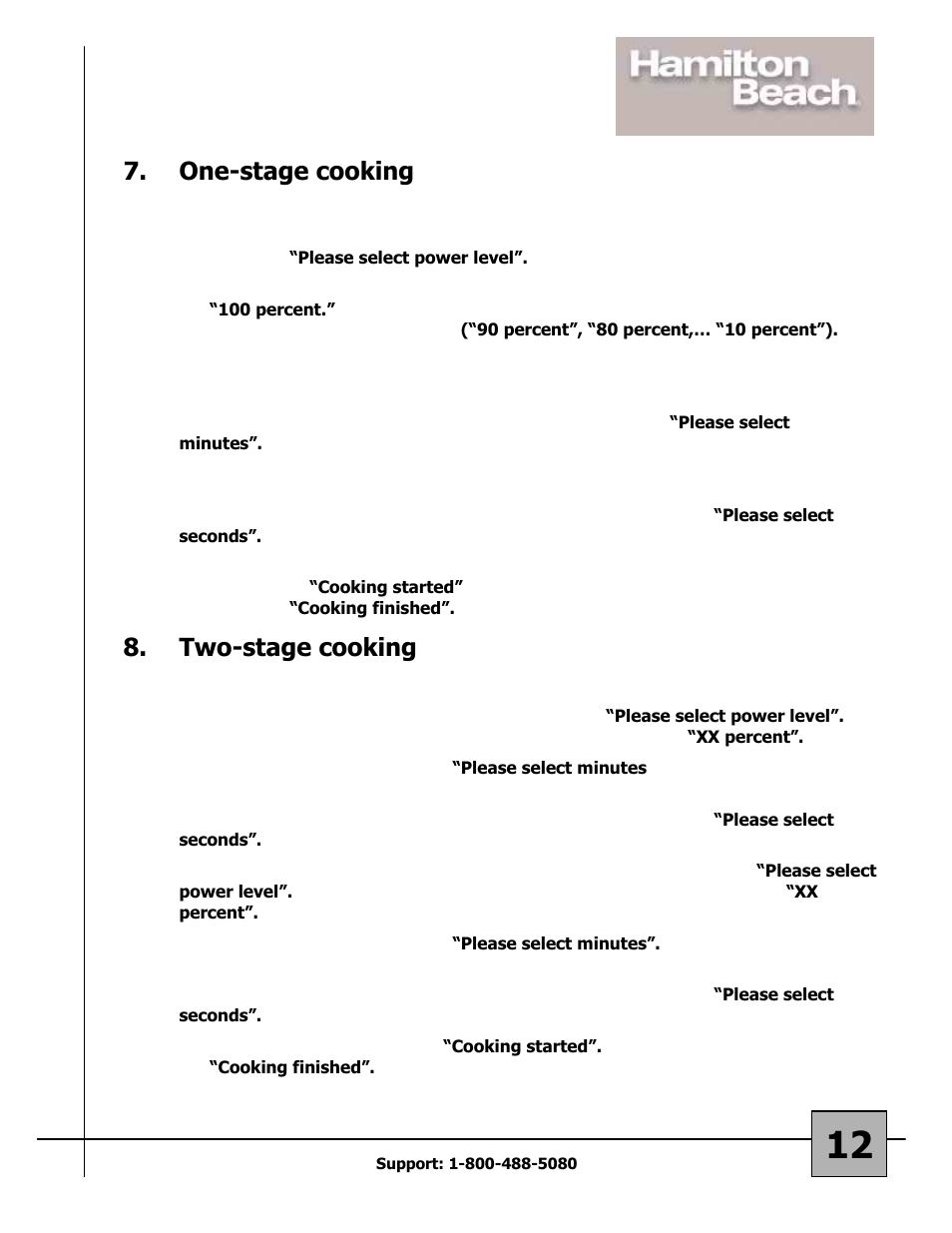 Two-stage cooking, One-stage cooking | Hamilton Beach 87108 User Manual | Page 12 / 19