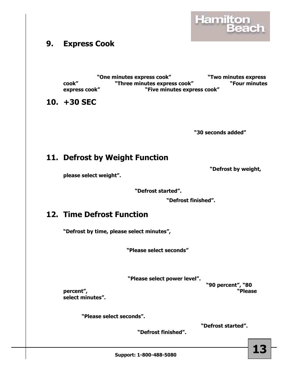 Express cook, +30 sec, Defrost by weight function | Time defrost function | Hamilton Beach 87108 User Manual | Page 13 / 19