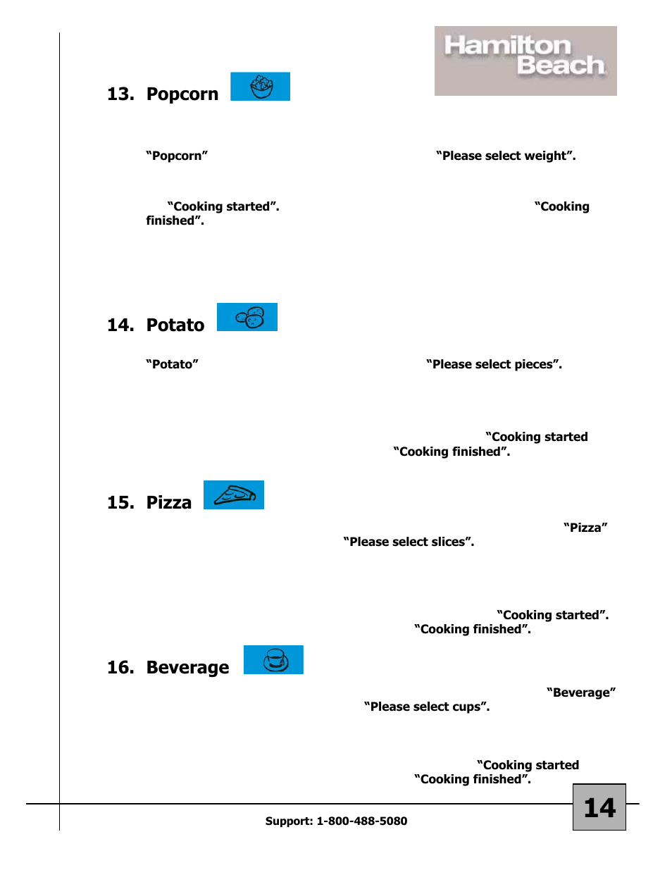 Popcorn, Potato, Pizza | Beverage | Hamilton Beach 87108 User Manual | Page 14 / 19