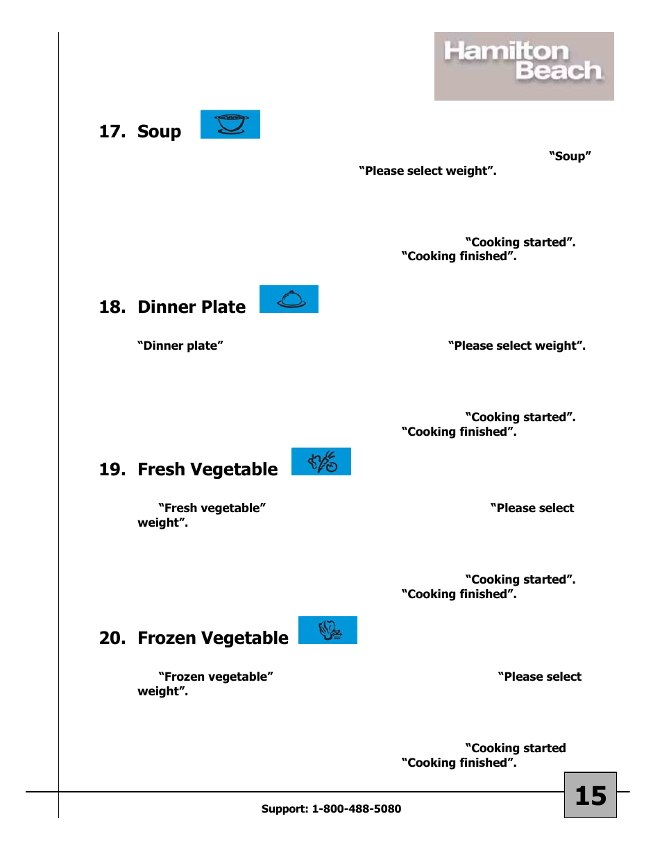 Soup, Dinner plate, Fresh vegetable | Frozen vegetable | Hamilton Beach 87108 User Manual | Page 15 / 19