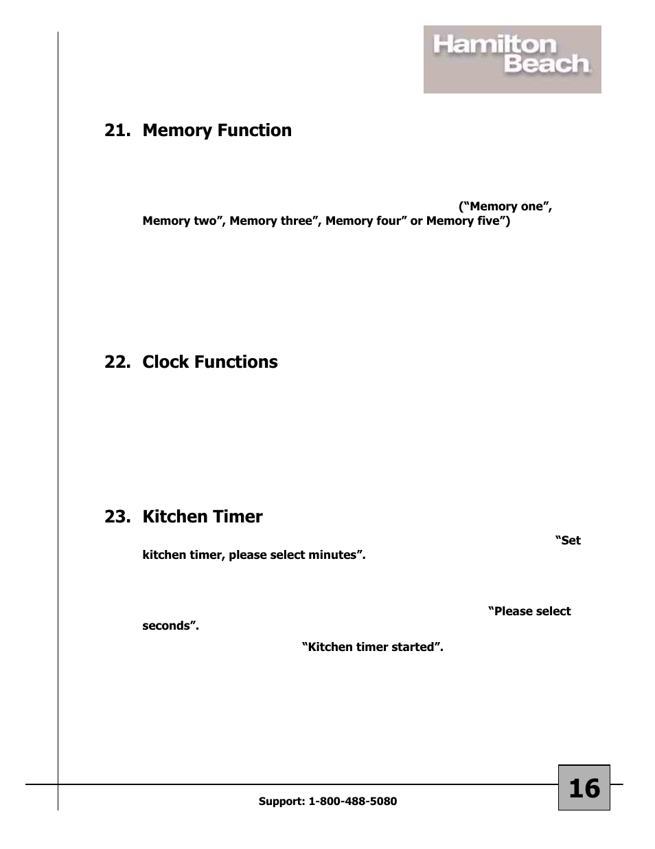 Clock functions, Kitchen timer | Hamilton Beach 87108 User Manual | Page 16 / 19