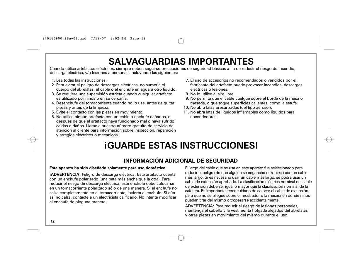 Salvaguardias importantes, Guarde estas instrucciones | Hamilton Beach 76607 User Manual | Page 12 / 20