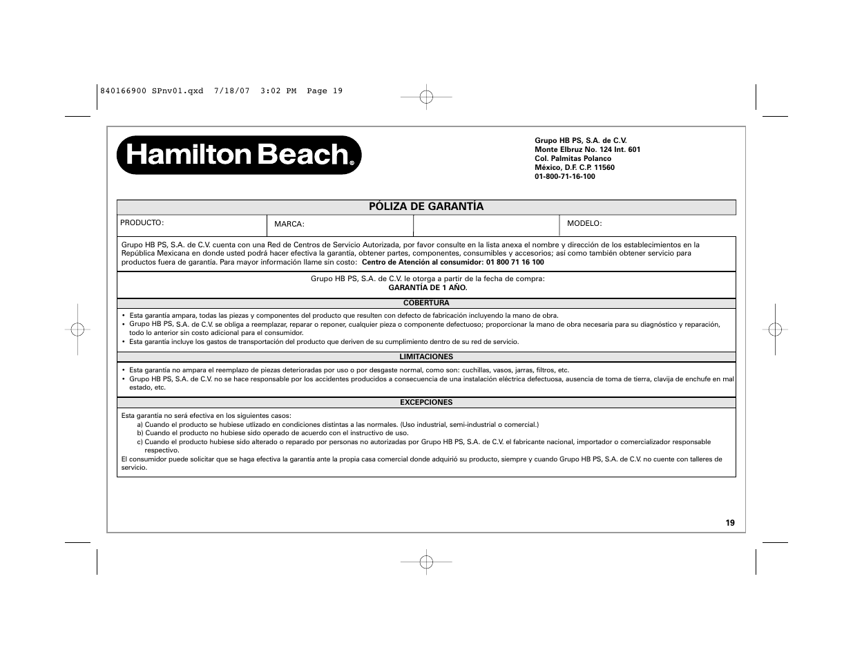 Póliza de garantía | Hamilton Beach 76607 User Manual | Page 19 / 20