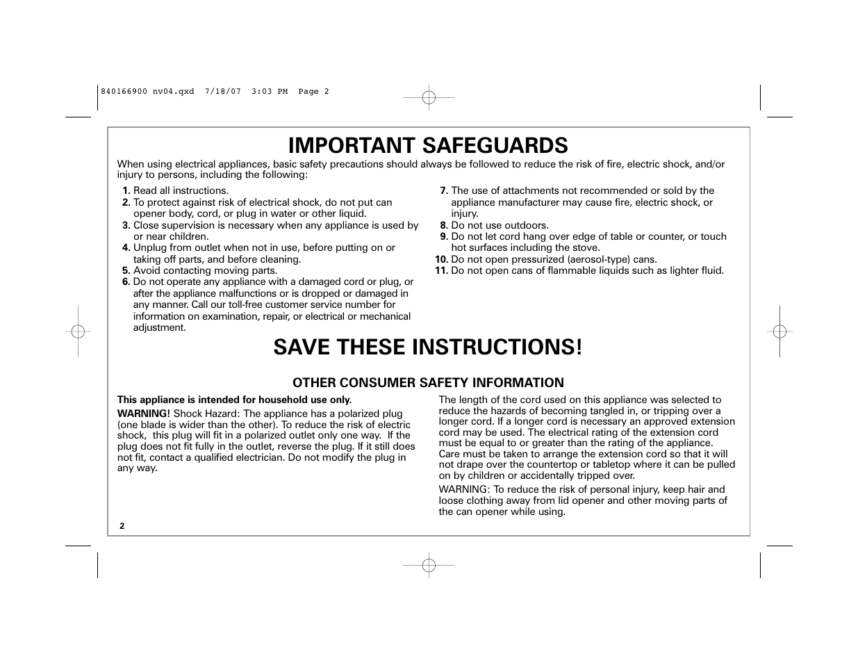 Important safeguards, Save these instructions | Hamilton Beach 76607 User Manual | Page 2 / 20