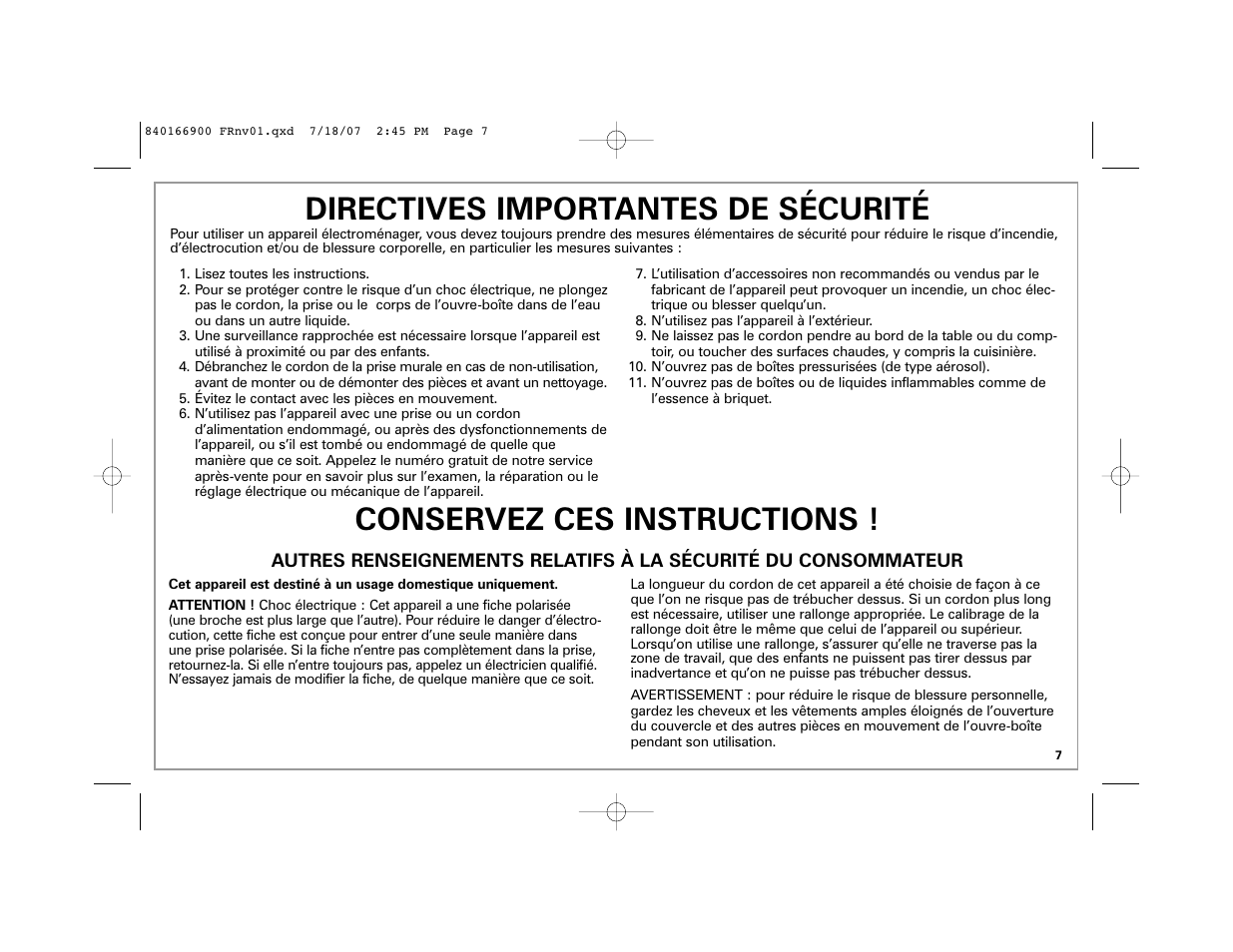Directives importantes de sécurité, Conservez ces instructions | Hamilton Beach 76607 User Manual | Page 7 / 20
