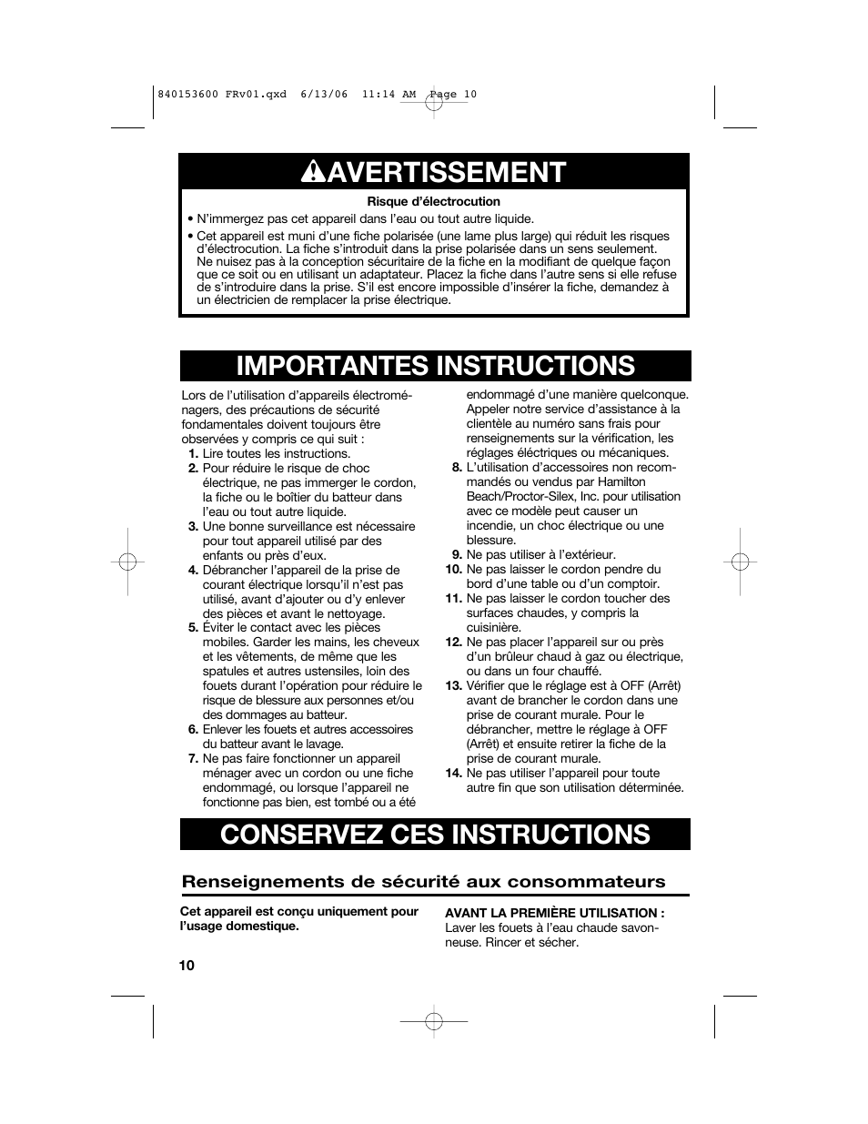 W avertissement, Importantes instructions, Conservez ces instructions | Hamilton Beach 62660 User Manual | Page 10 / 28