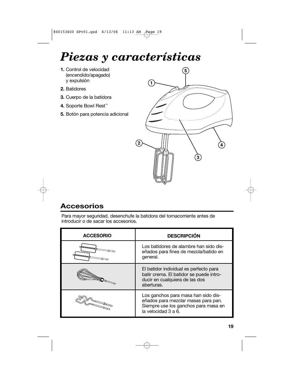 Piezas y características, Accesorios | Hamilton Beach 62660 User Manual | Page 19 / 28