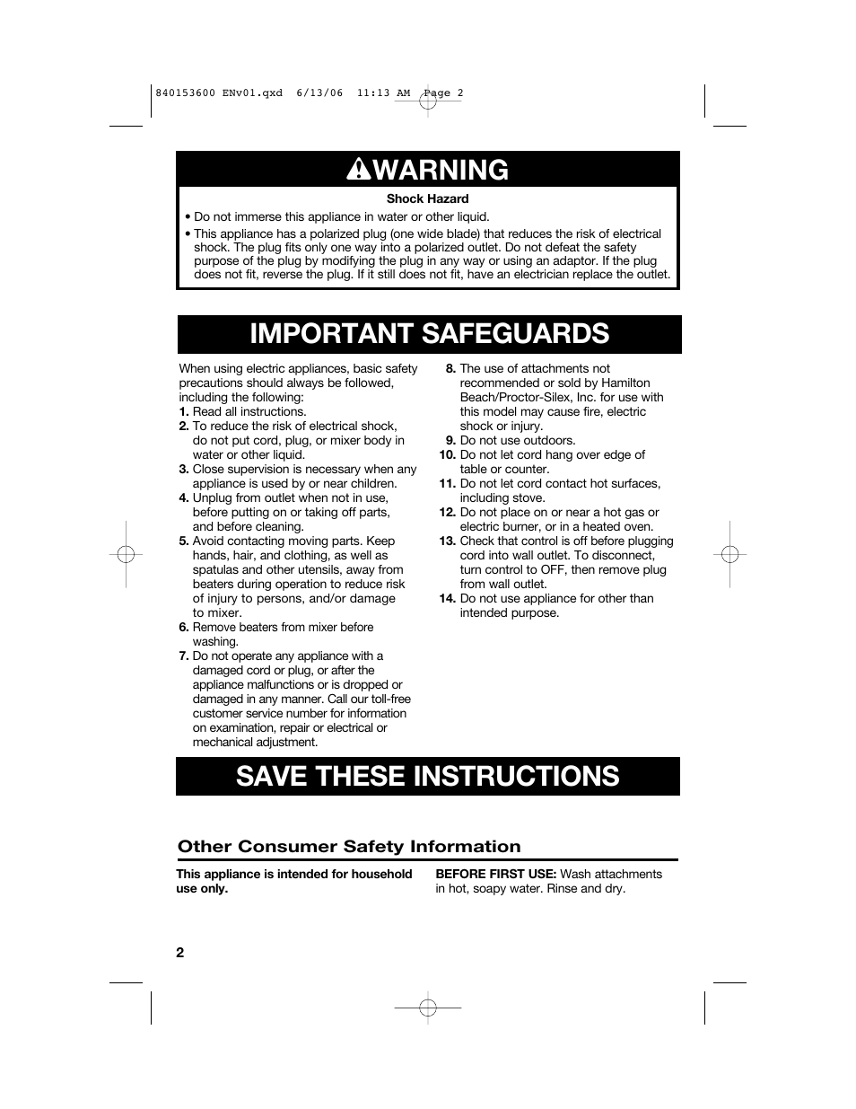 Important safeguards, Save these instructions, W warning | Hamilton Beach 62660 User Manual | Page 2 / 28