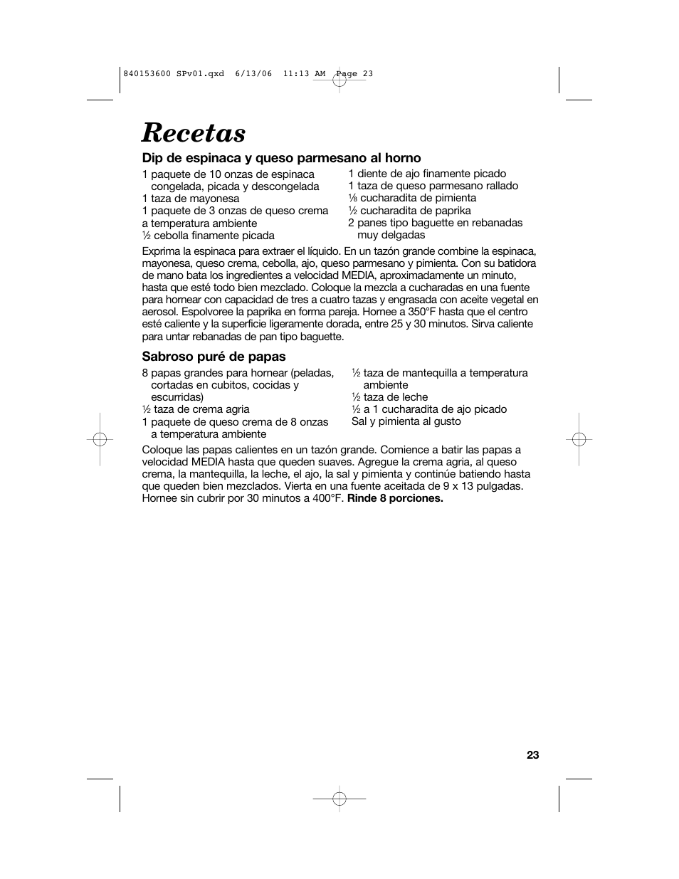 Recetas, Dip de espinaca y queso parmesano al horno, Sabroso puré de papas | Hamilton Beach 62660 User Manual | Page 23 / 28