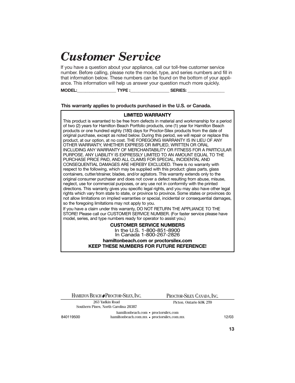 Customer service | Hamilton Beach Countertop Oven with Convection User Manual | Page 13 / 13