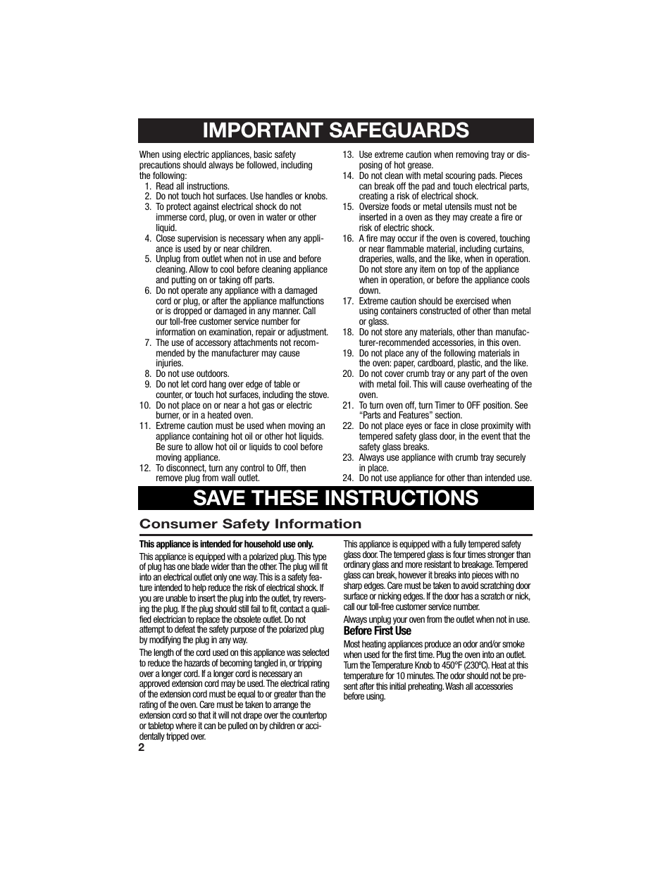 Important safeguards, Save these instructions | Hamilton Beach Countertop Oven with Convection User Manual | Page 2 / 13