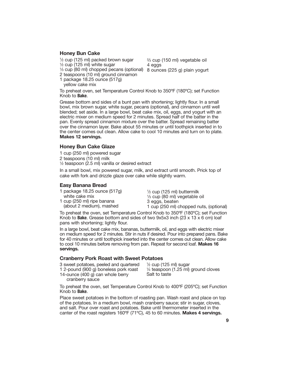 Honey bun cake, Honey bun cake glaze, Easy banana bread | Cranberry pork roast with sweet potatoes | Hamilton Beach Countertop Oven with Convection User Manual | Page 9 / 13