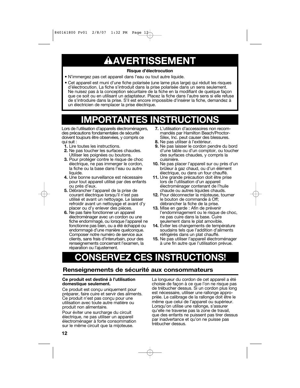 W avertissement | Hamilton Beach 840161800 User Manual | Page 12 / 32