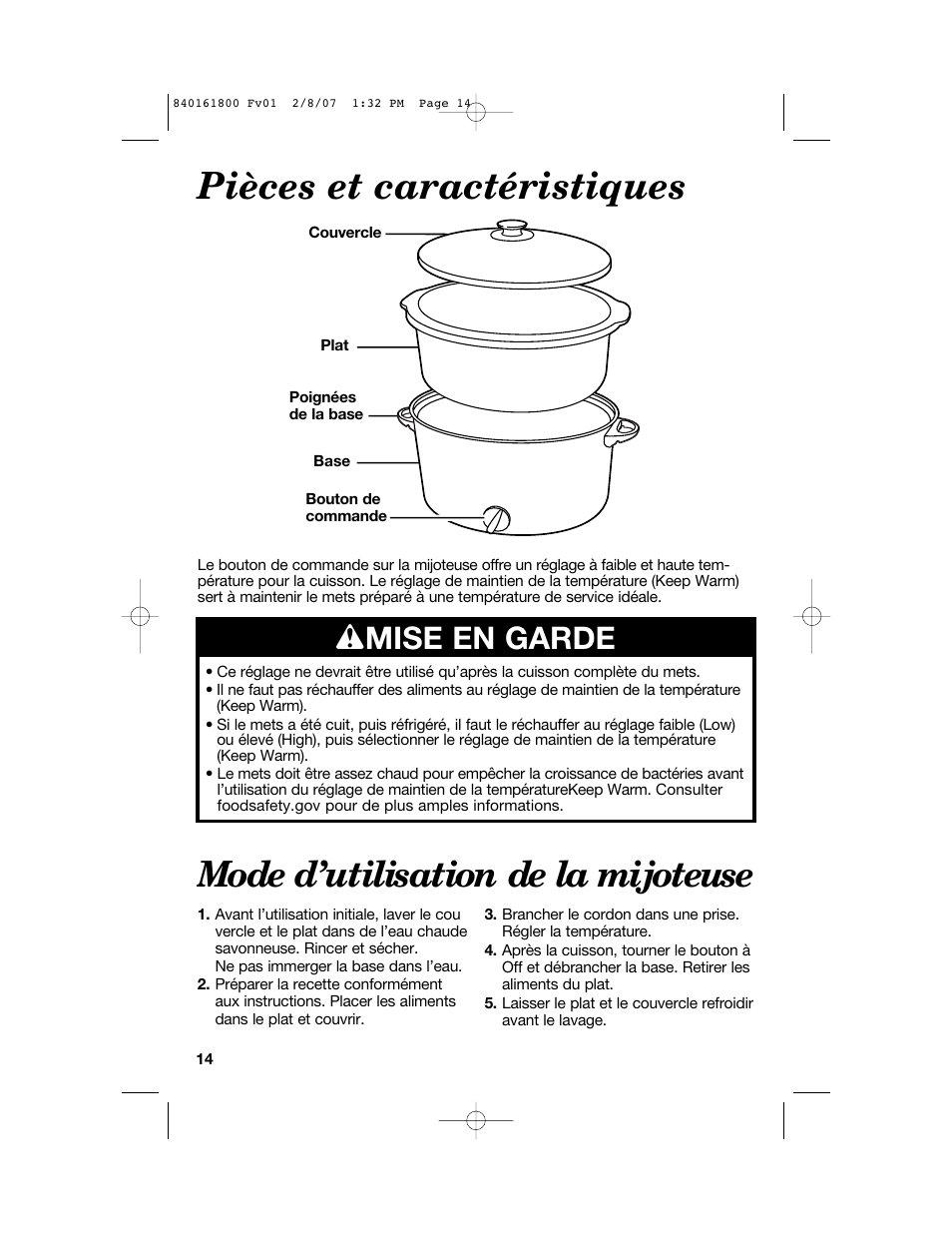 Pièces et caractéristiques, Mode d’utilisation de la mijoteuse, W mise en garde | Hamilton Beach 840161800 User Manual | Page 14 / 32