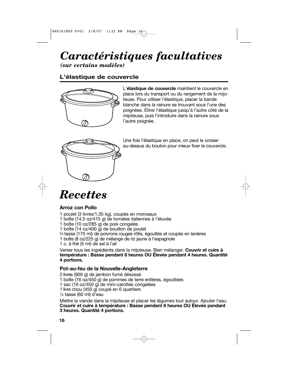 Recettes, Caractéristiques facultatives | Hamilton Beach 840161800 User Manual | Page 16 / 32