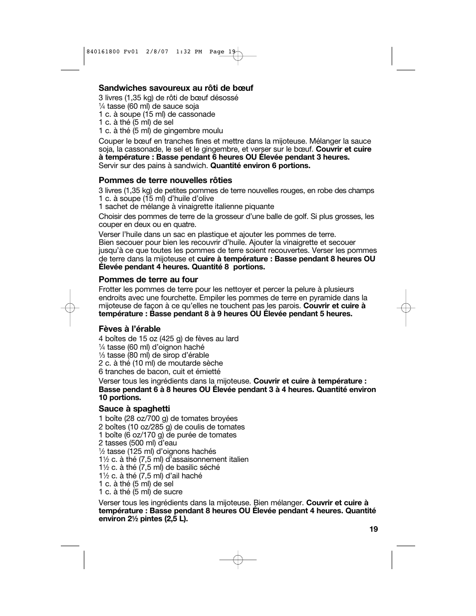 Sandwiches savoureux au rôti de bœuf, Pommes de terre nouvelles rôties, Pommes de terre au four | Fèves à l’érable, Sauce à spaghetti | Hamilton Beach 840161800 User Manual | Page 19 / 32