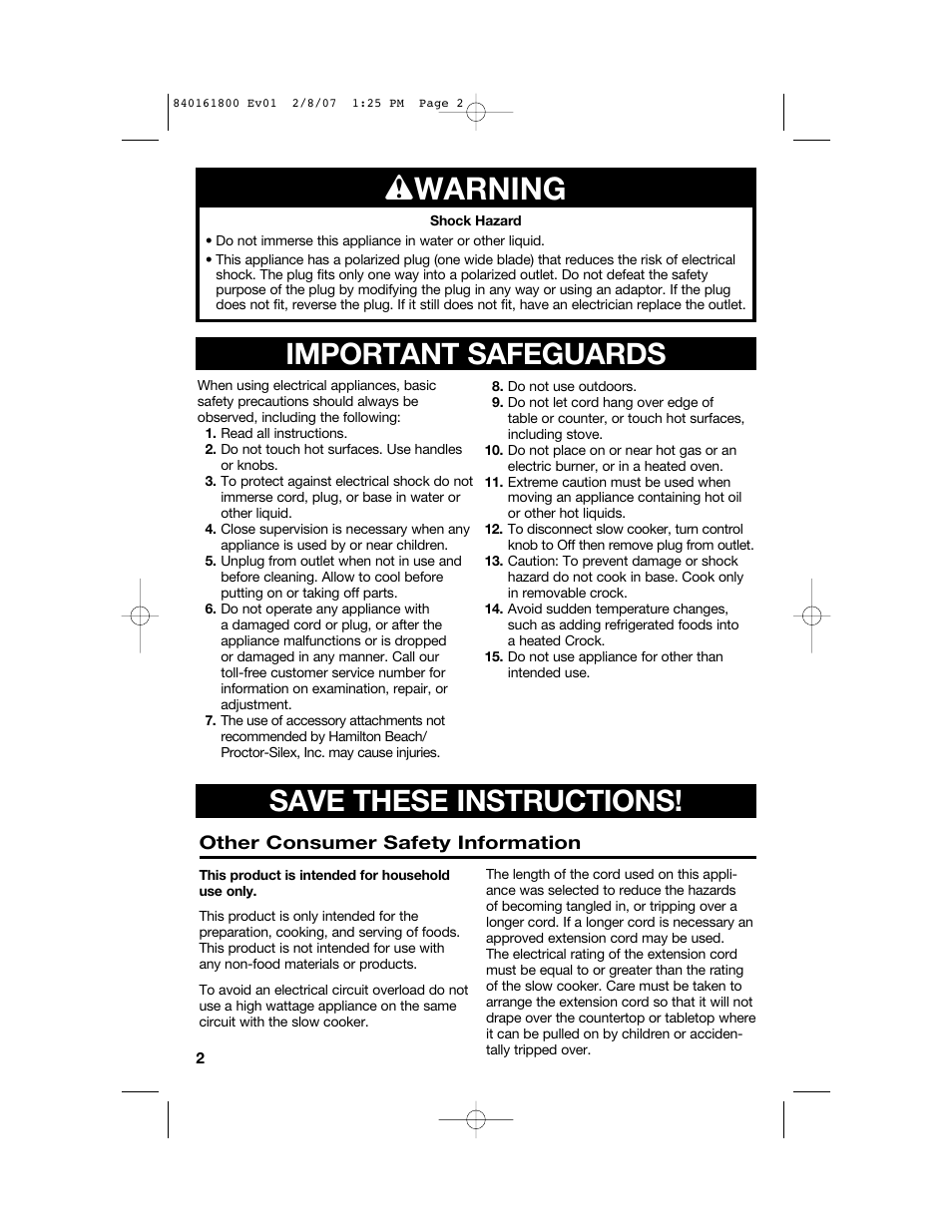 W warning, Important safeguards save these instructions | Hamilton Beach 840161800 User Manual | Page 2 / 32