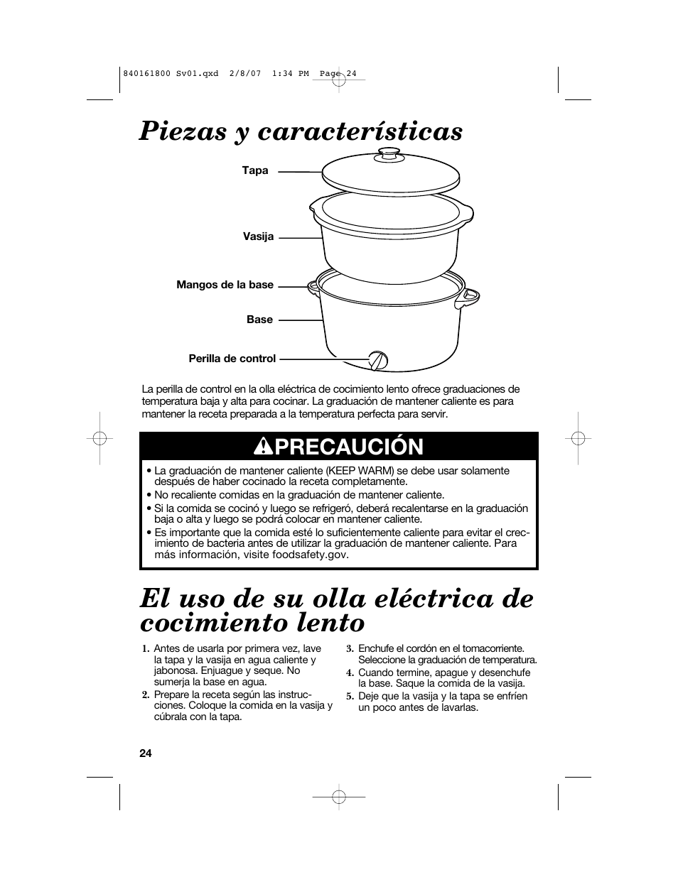 Piezas y características, El uso de su olla eléctrica de cocimiento lento, W precaución | Hamilton Beach 840161800 User Manual | Page 24 / 32