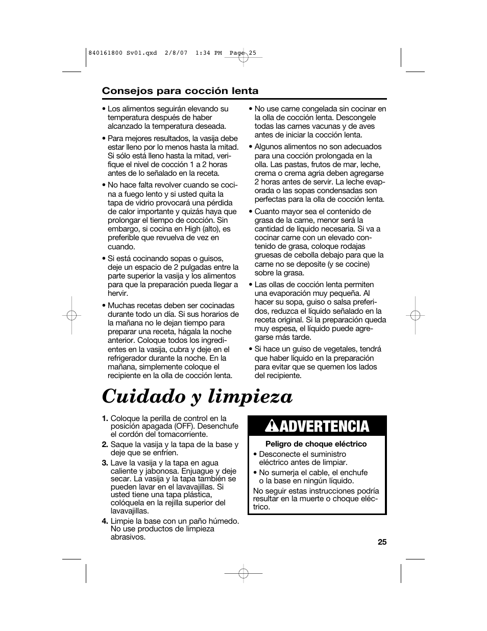 Cuidado y limpieza, W advertencia | Hamilton Beach 840161800 User Manual | Page 25 / 32