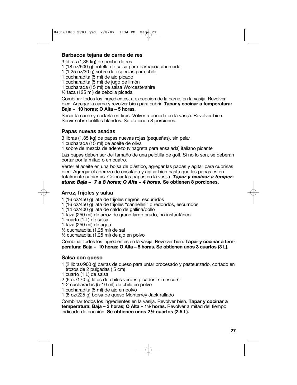 Barbacoa tejana de carne de res, Papas nuevas asadas, Arroz, frijoles y salsa | Salsa con queso | Hamilton Beach 840161800 User Manual | Page 27 / 32