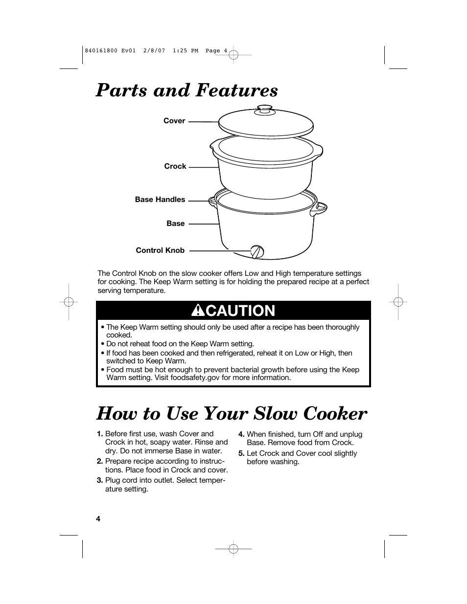 Parts and features, How to use your slow cooker, W caution | Hamilton Beach 840161800 User Manual | Page 4 / 32