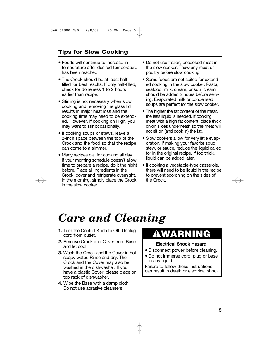 Care and cleaning, Wwarning | Hamilton Beach 840161800 User Manual | Page 5 / 32