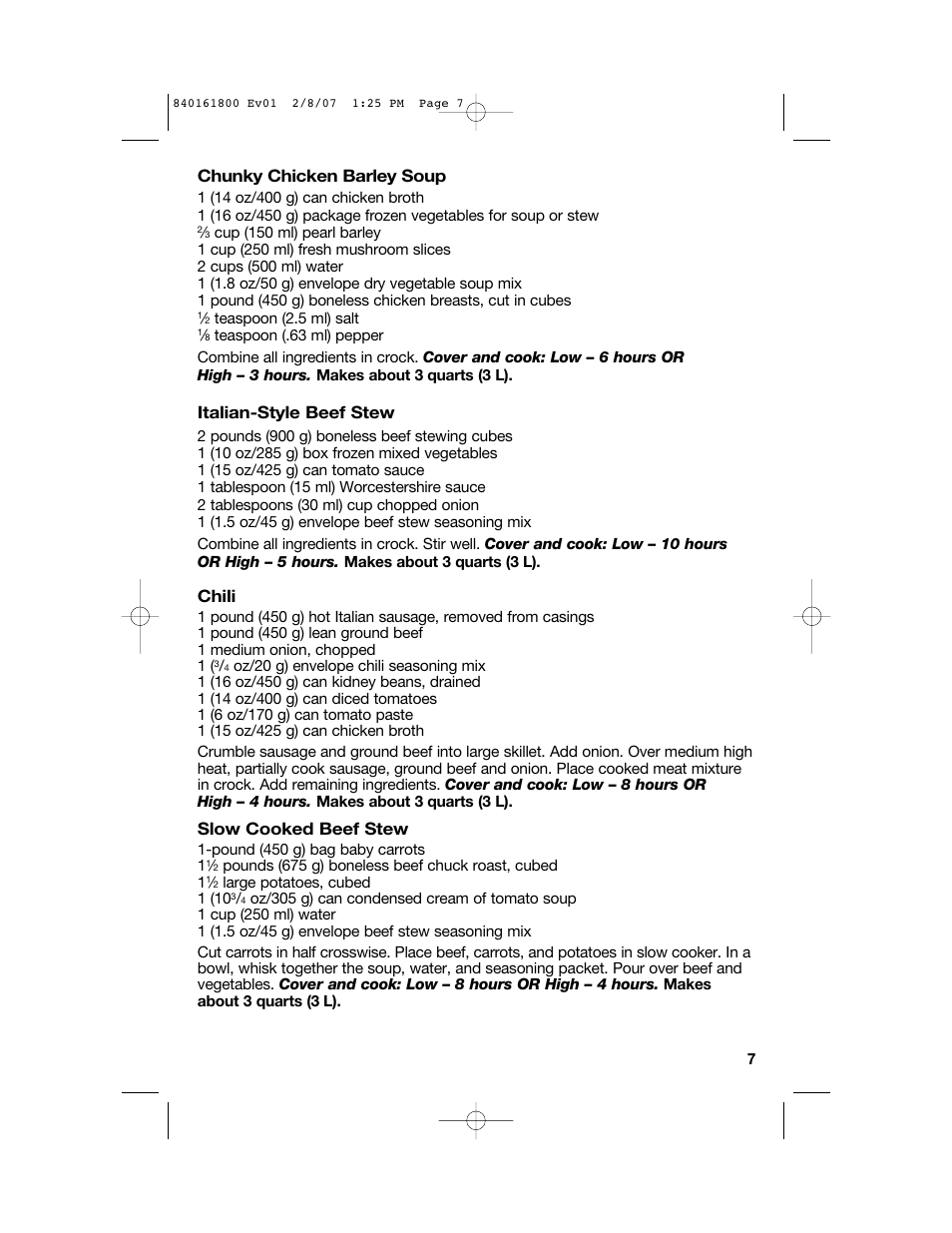 Chunky chicken barley soup, Italian-style beef stew, Chili | Slow cooked beef stew | Hamilton Beach 840161800 User Manual | Page 7 / 32