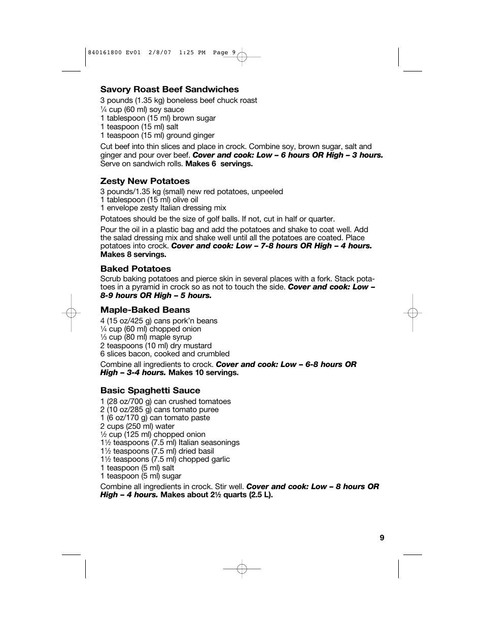 Savory roast beef sandwiches, Zesty new potatoes, Baked potatoes | Maple-baked beans, Basic spaghetti sauce | Hamilton Beach 840161800 User Manual | Page 9 / 32