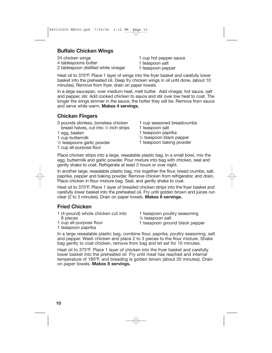 Buffalo chicken wings, Chicken fingers, Fried chicken | Hamilton Beach 35020C User Manual | Page 10 / 44