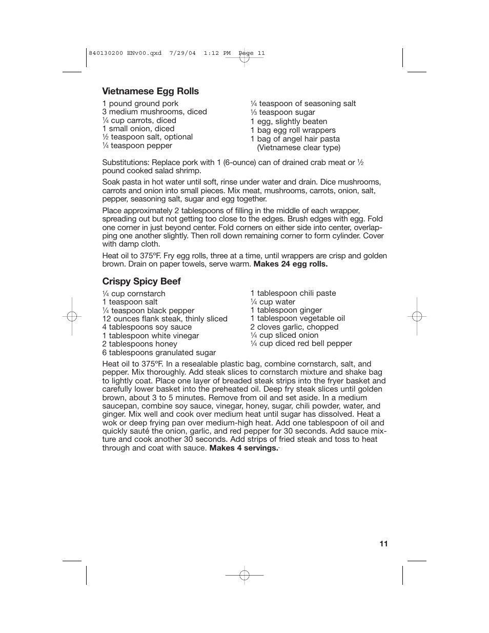 Vietnamese egg rolls, Crispy spicy beef | Hamilton Beach 35020C User Manual | Page 11 / 44